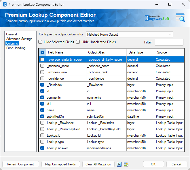 KingswaySoft Premium Lookup Component Editor showing column configurations and data types for input and lookup tables.